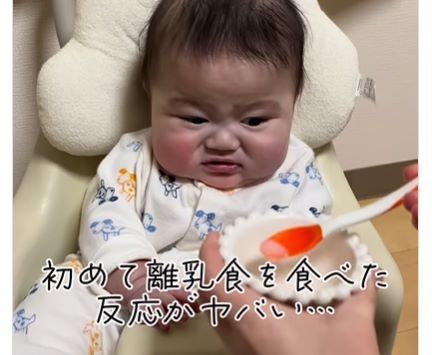 【どうしてそんな顔に？】初めて離乳食を食べた生後5ヶ月の娘の反応が「この世の終わりみたいな顔」「表情豊か」と話題に