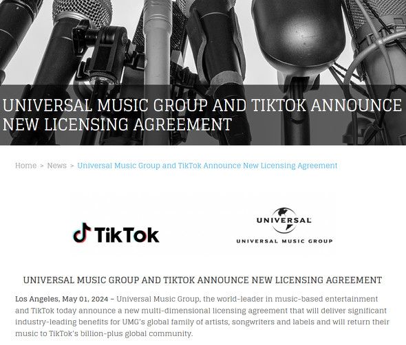 UNIVERSAL MUSIC、TikTokと新たな契約　AI対策ツールを共同開発へ