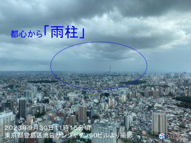 東京都心から雨柱 関東の所々に雨雲 今夜にかけて急な雨や雷雨に注意