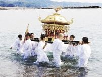 みこし担いで海へ　熊野神社の潮掛け神事、和歌山・白浜町