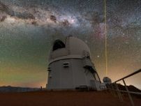 南米チリ、セロ・パチョン山の2基の望遠鏡と夜空に流れる天の川