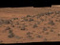 火星のパノラマに映る周囲とは異なる明るい岩　探査車が撮影