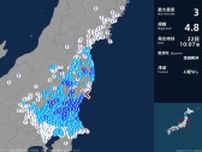 福島県や茨城県、栃木県、埼玉県で最大震度3の地震　新潟県では長岡市と十日町市で震度1　津波の心配なし（22日午前10時7分ごろ）