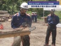 静岡・河津町　倒木を撤去する訓練に消防士らが参加　チェーンソーで木を切る方法学ぶ