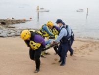 水難事故想定 迅速な救助へ訓練　玉野で県警、海水浴シーズン前に
