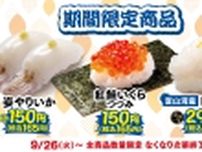 はま寿司「牡蠣と秋の旨ねた祭り」第2弾、「姿やりいか」「紅鮭いくらつつみ」「富山湾産白えび握り」発売