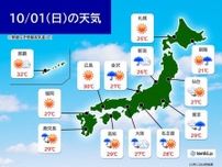 10月1日　九州から東海は天気回復　関東や北陸以北は急に強まる雨や雷雨に注意