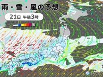 21日　九州〜関東は雨や雷雨　激しい雨も　東北は大雪の恐れ　関東も真冬の寒さに