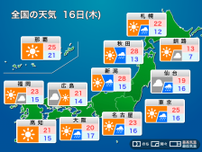 明日16日(木)の天気予報 大気の状態が不安定　日本海側を中心に雷雨などのおそれ