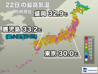 東京都心など広範囲で真夏日　九州は気温・湿度ともに高く蒸し暑い