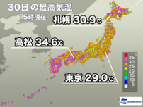 西日本から関東は蒸し暑い一日　札幌は2日連続で30℃上回る