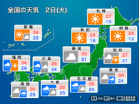 明日2日(火)の天気予報　西日本、東日本は日本海側で強雨警戒　九州などは暑さ厳しい